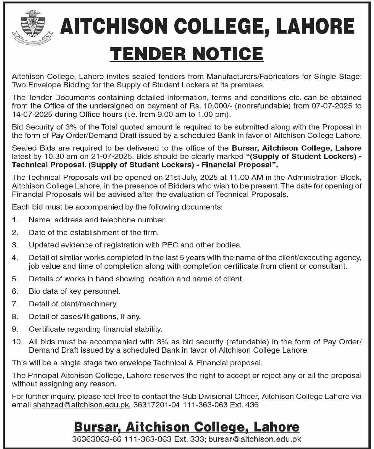 Aitchison College Lahore Tender Notice